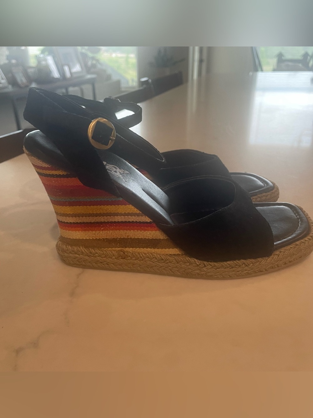 Carlos Santana Black Suede Wedge Sandals with Striped Rope Heel